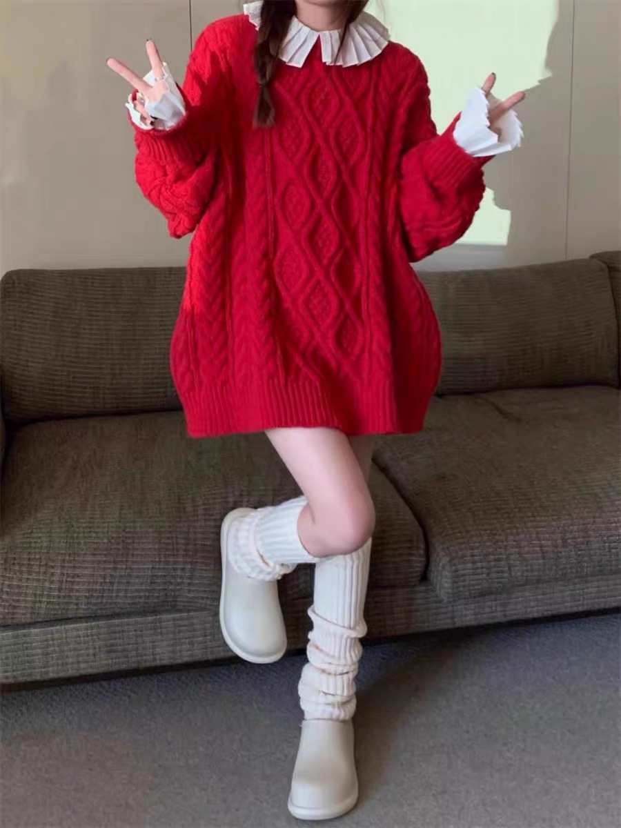 韓版大碼紅色麻花套頭加厚針織衫女冬季寬鬆外穿奶fufu中長款毛衣