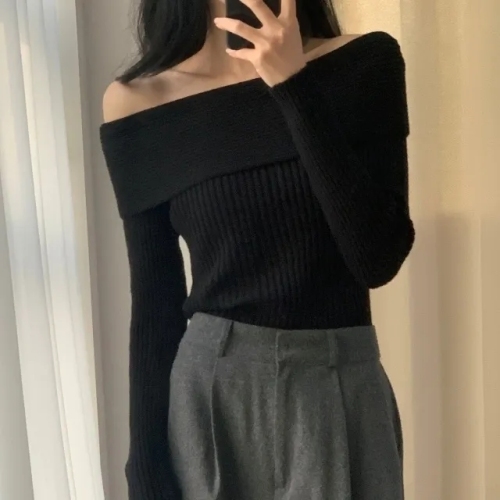 ins Korean style spring retro temperament versatile simple one-line collar off-shoulder lazy style knitted sweater top