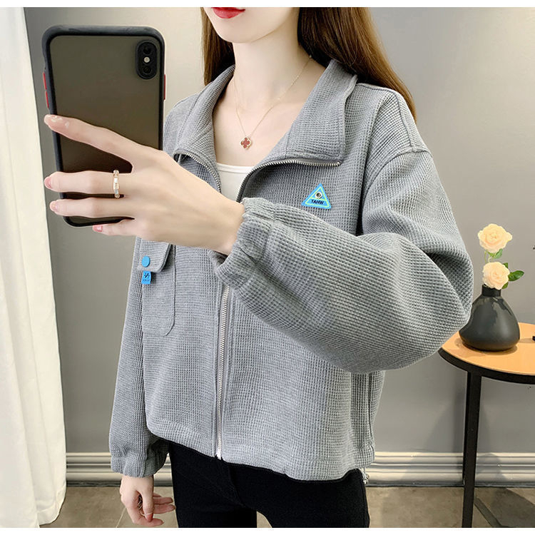 Autumn and winter coat women's polo collar casual loose zipper sweatshirt waffle
