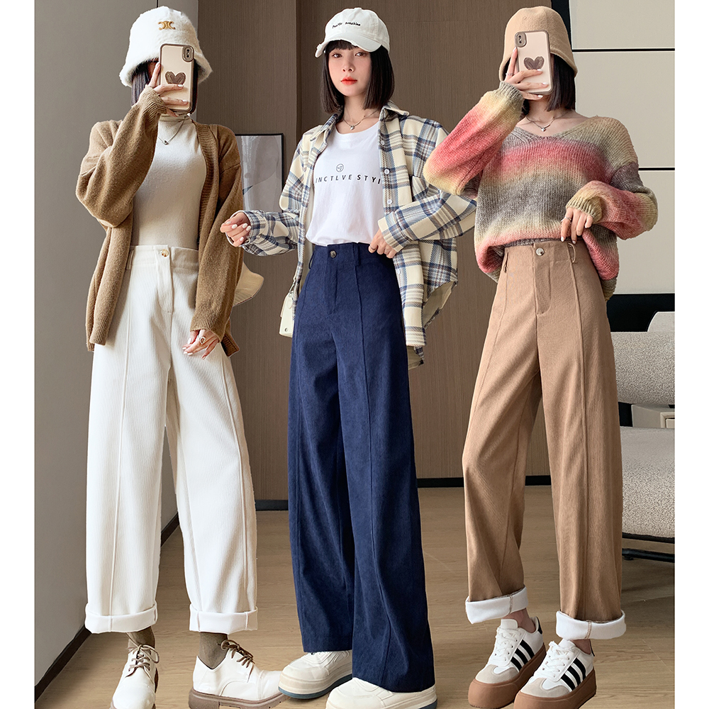 實拍大碼女2024春季新款高腰復古錐形燈芯絨直筒褲遮肉休閒褲