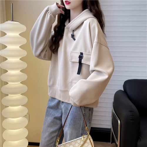 The first imitation cotton Chinese cotton composite non-pilling thin spring and autumn hooded loose design sweatshirt women's trendy tops