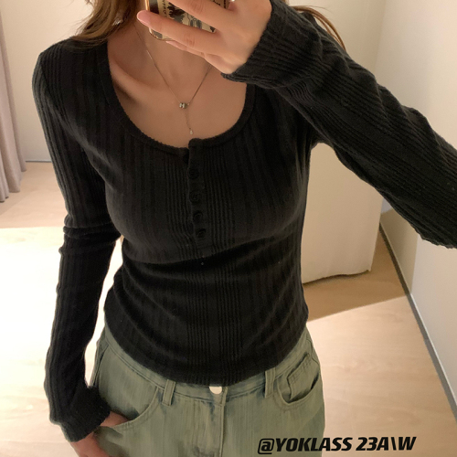 2024 new autumn and winter bottoming shirt with T-shirt long-sleeved knitted petite temperament short top
