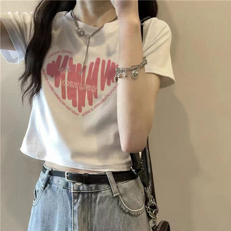 白色質感愛心短袖T恤女2024夏季新款歐貨短款上衣打底衫