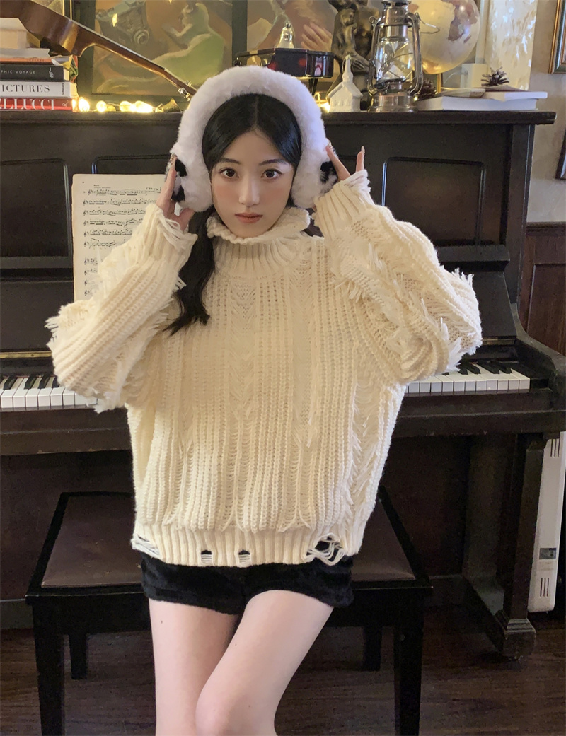 實拍~流蘇破洞設計感高領毛衣女加厚保暖針織衫上衣