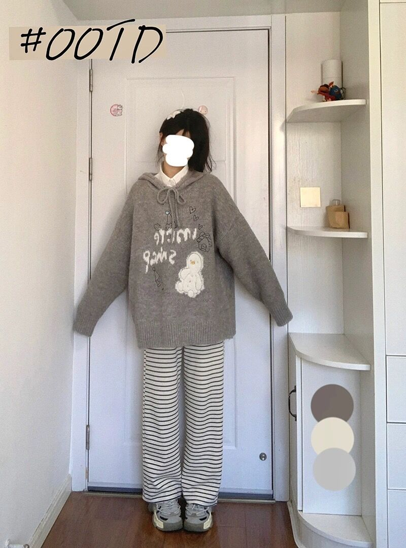 學院風提花小個子毛衣套頭毛衣連帽學生女秋冬慵懶寬鬆針織衫上衣