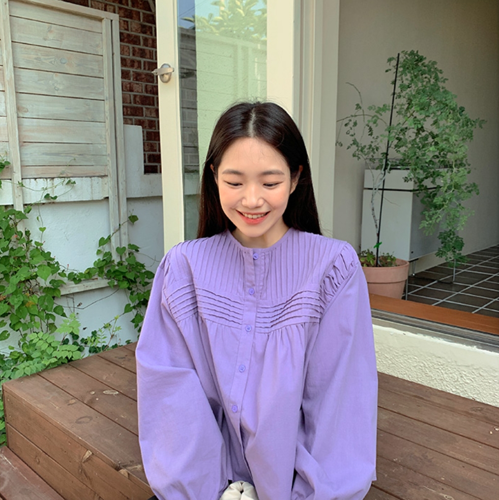 Korean chic early spring temperament purple pleated single-breasted shirt women's long-sleeved shirt