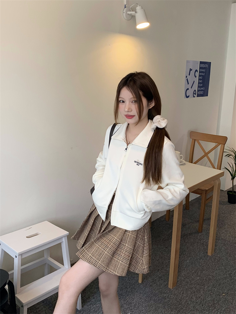 Real shot!  American retro short coat for women in autumn ins double zipper sports jacket stand collar cardigan sweatshirt