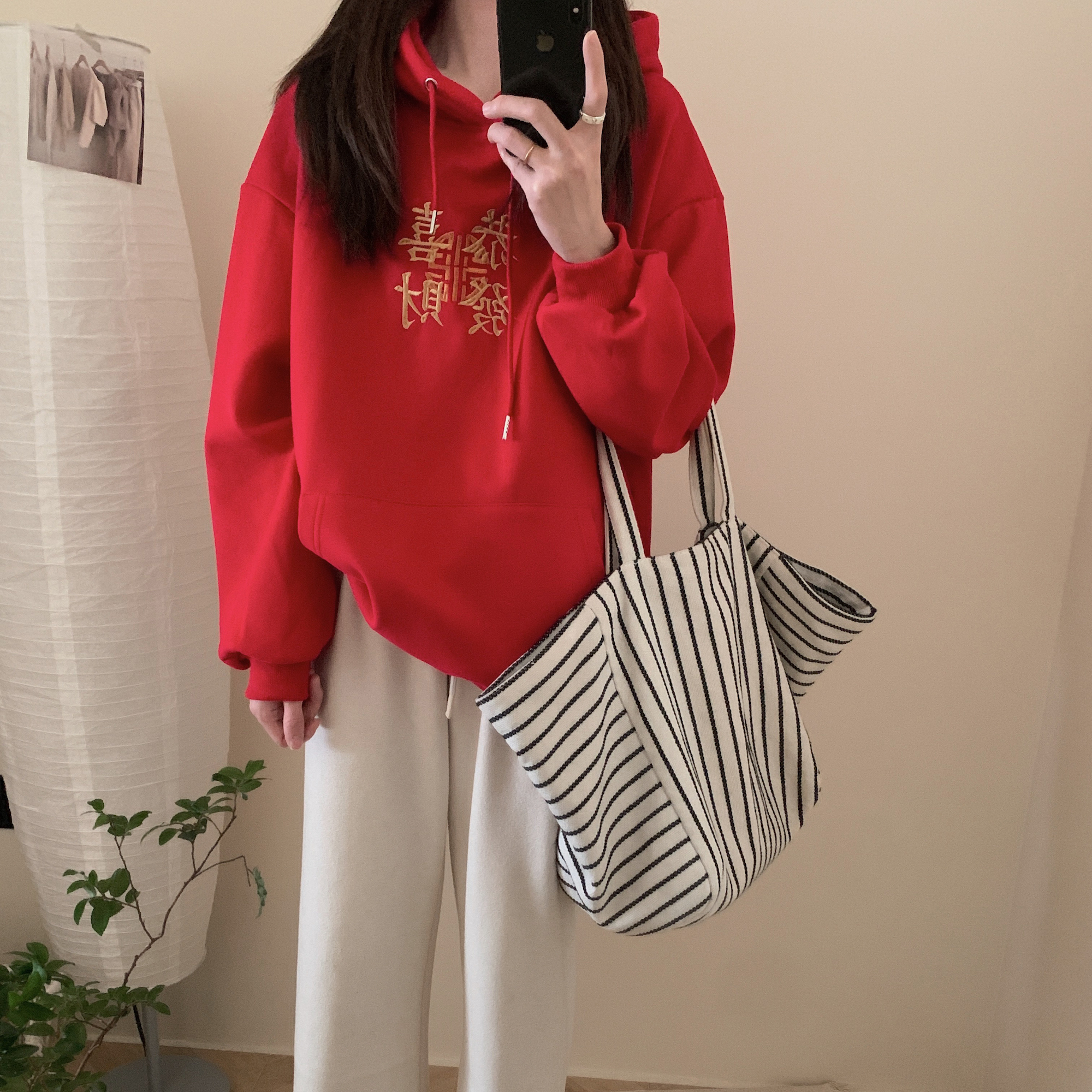 實拍 新年定製  恭喜發財  漢字刺繡 紅色加絨連帽衛衣