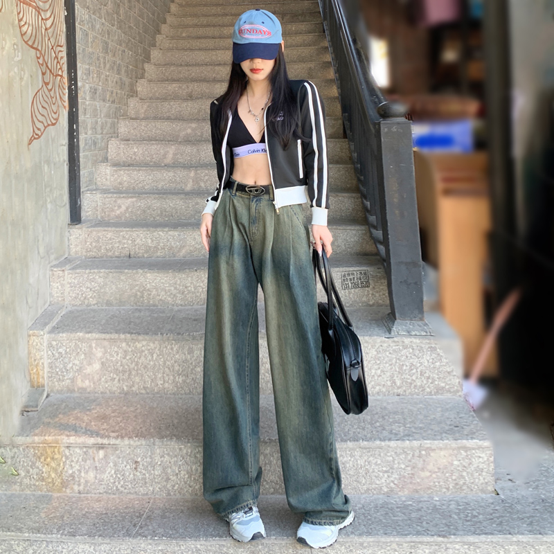 實拍~2024年新款打褶設計感闊腿拖地牛仔褲高腰寬鬆垂感百搭ins潮