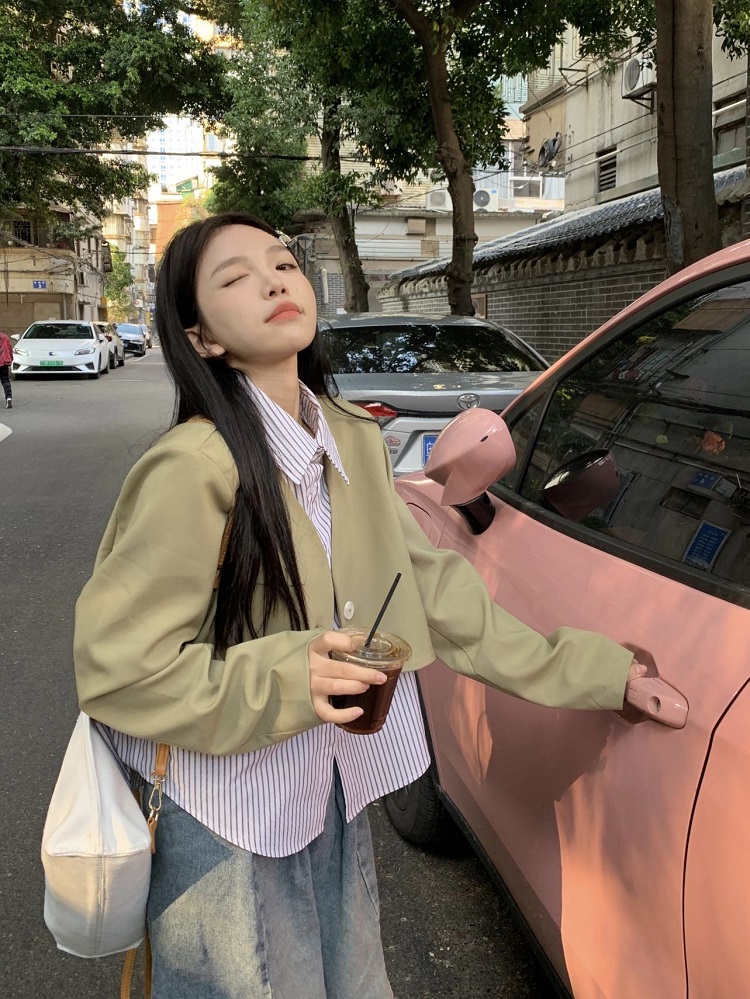 Actual shot Spring style~New small suit fake two-piece striped lapel loose casual short jacket