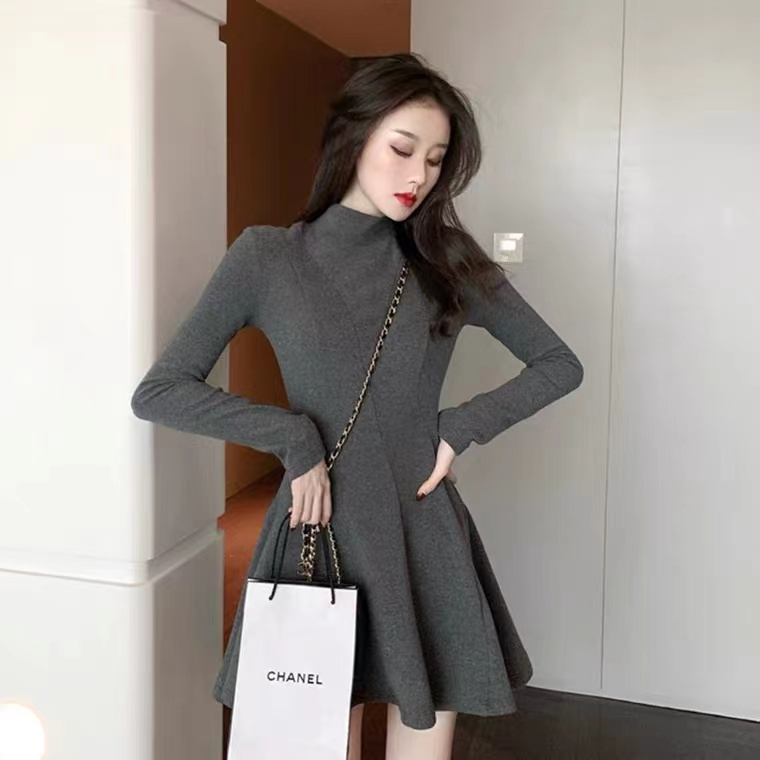 小個子半高領收腰內搭德絨連衣裙女搭配大衣顯瘦外穿打底短裙子