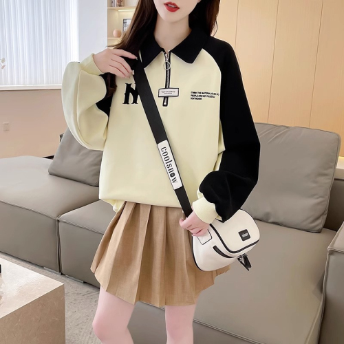The first release of imitation cotton Chinese cotton composite ball-free spring and autumn thin Polo collar loose versatile zipper sweatshirt women's trendy tops