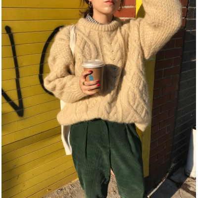 Korean autumn and winter lazy style soft glutinous twist sweater women's retro gentle atmosphere milky pullover knitted top