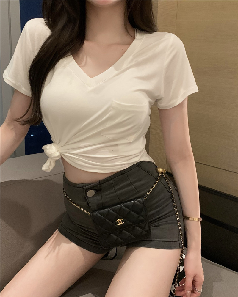 夏季v領打底衫不規則辣妹純欲風短袖上衣
