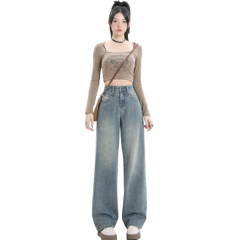 Actual shot of new spring straight-leg pants, wide-leg pants, women's jeans, trousers, plus-length trousers