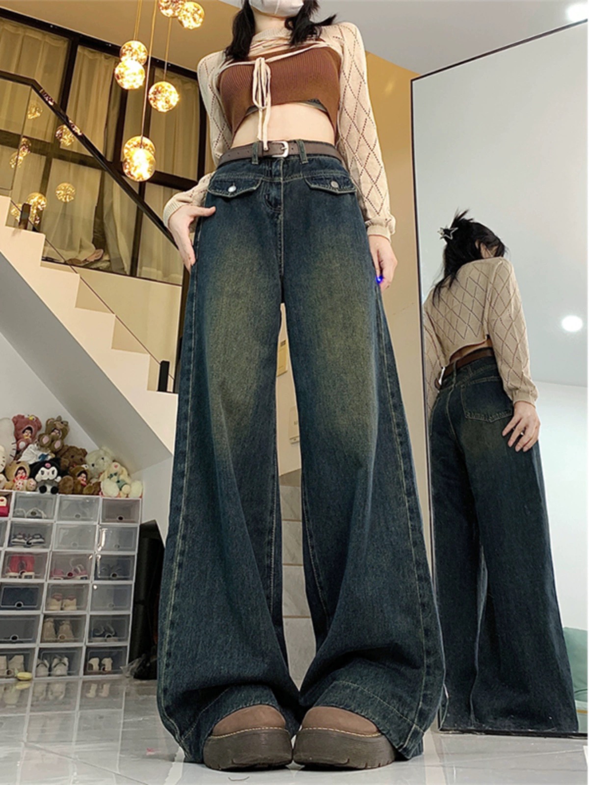 美式復古闊腿牛仔褲女秋季新款高腰顯瘦垂感直筒拖地長褲子潮