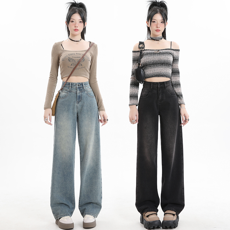 2024 Nostalgic Blue Black Gray Spring New Straight Leg Pants Wide Leg Pants Women's Jeans Trousers, Extra Long Pants