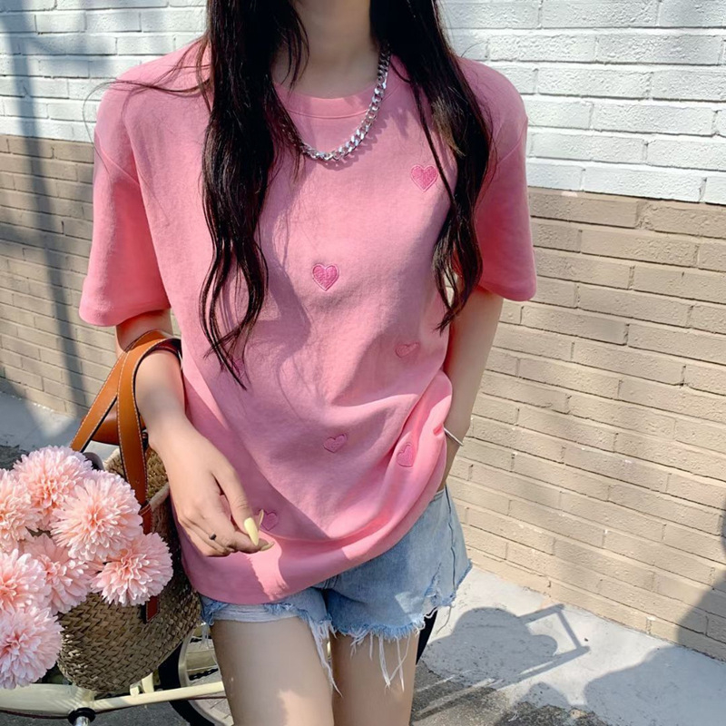 刺繡短袖t恤女夏裝圓領愛心寬鬆韓版上衣