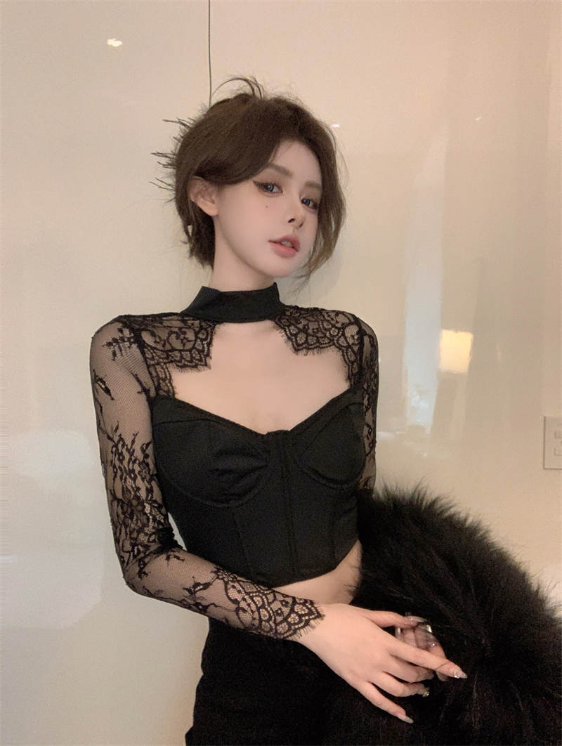 實拍~小高領時髦設計感睫毛蕾絲性感低胸魚骨修身長袖T恤