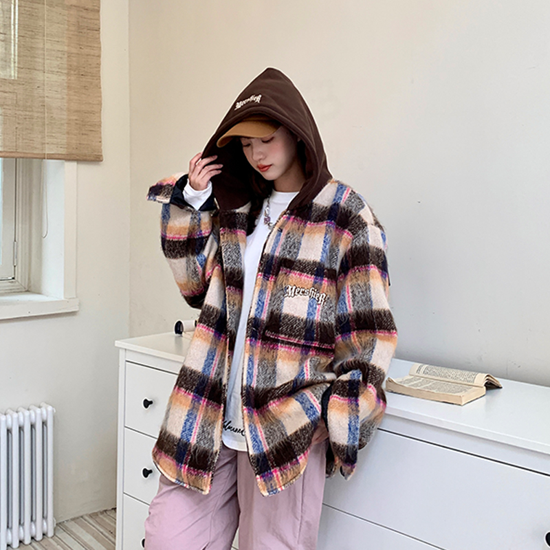 美式潮牌秋冬高級感小眾毛呢夾克寬鬆刺繡格子連帽外套女
