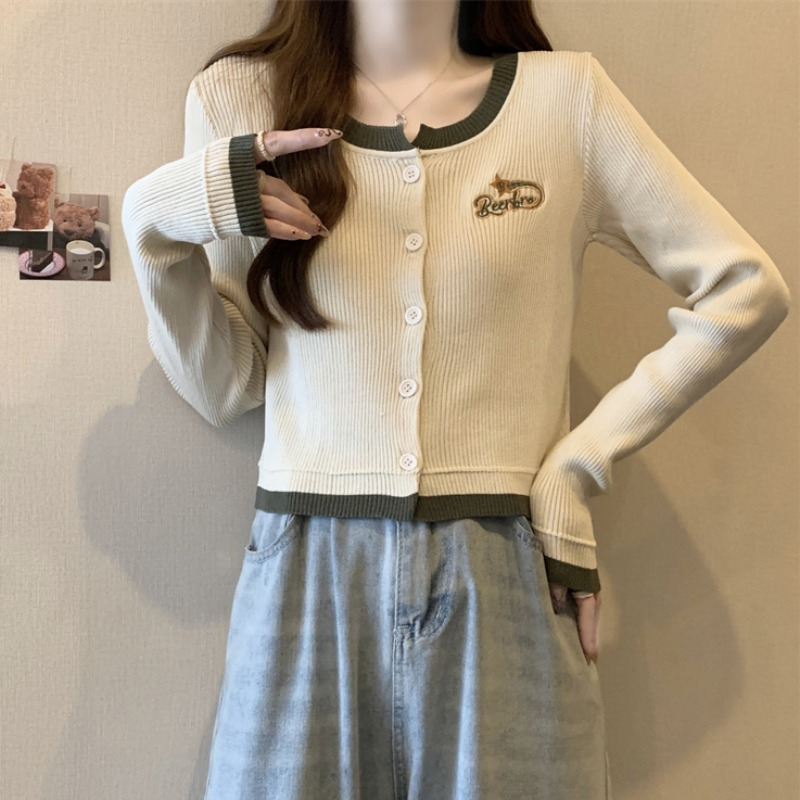 圓領撞色刺繡套頭針織開衫女秋冬修身設計感獨特别致短款長袖上衣