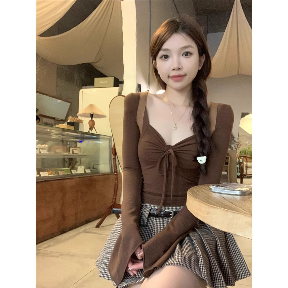 美拉德抽繩打底衫女秋季韓版2024新款修身顯瘦純欲內搭長袖T恤ins