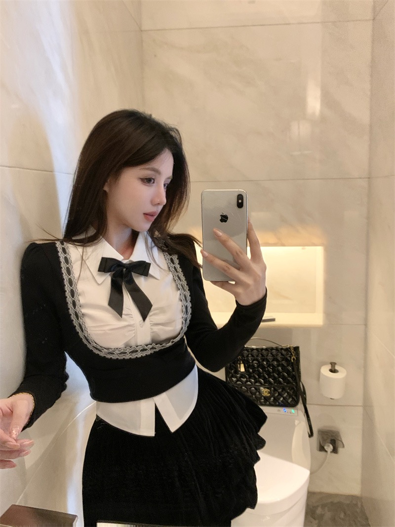 小香風蝴蝶結假兩件襯衫女秋冬純欲法式泡泡袖襯衣上衣打底衫內搭