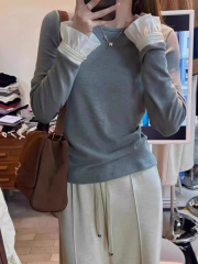 2024 New Design Sensitivity for the Masses Underwear Women's Ruffled Sleeves Color Blocking T-Shirt Inner Wear Slim Top Fashion 