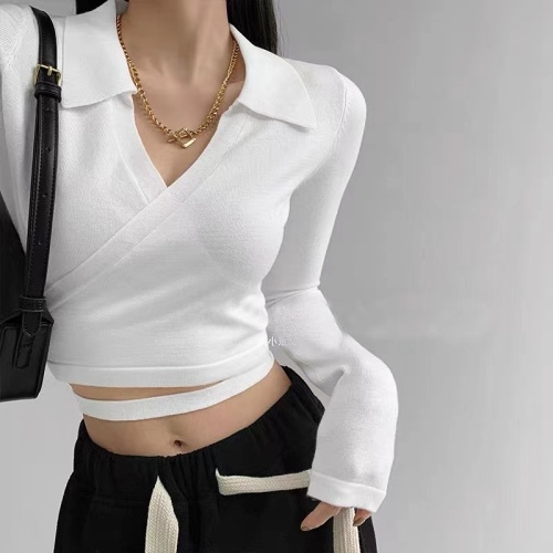 Hot girl design V-neck knitted polo shirt for women 2024 spring new style waist cross strap bottoming shirt