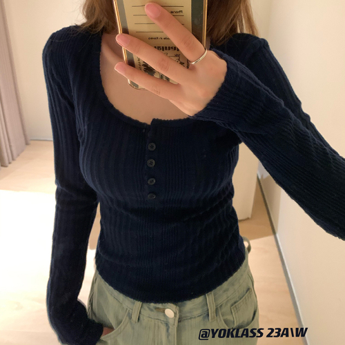 2024 new autumn and winter bottoming shirt with T-shirt long-sleeved knitted petite temperament short top