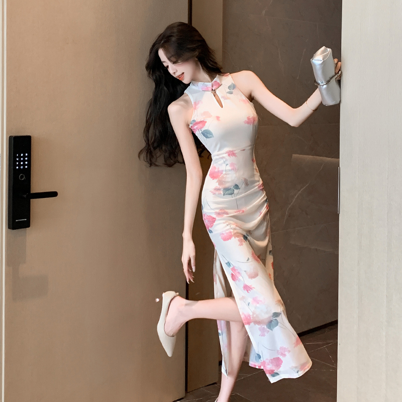 Real shot of new Chinese style improved cheongsam dress women's summer mesh skirt sexy slit hip-covering mid-length skirt