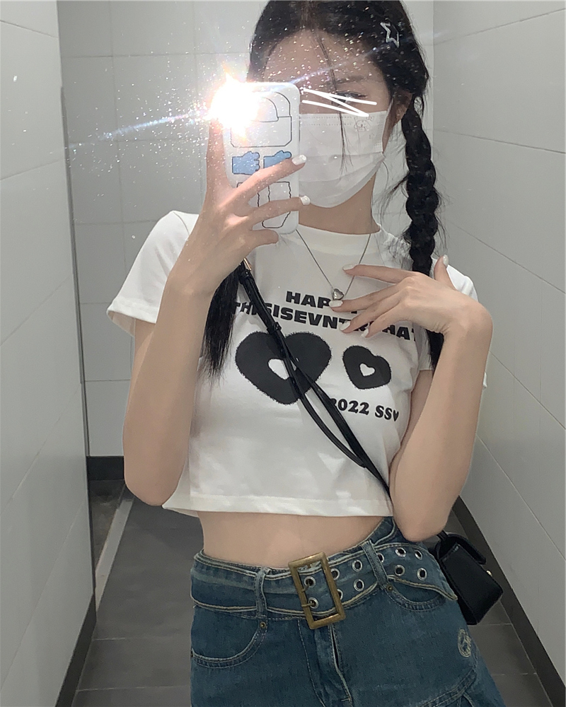 韓系愛心字母印花T恤短款正肩圓領短袖百搭辣妹上衣