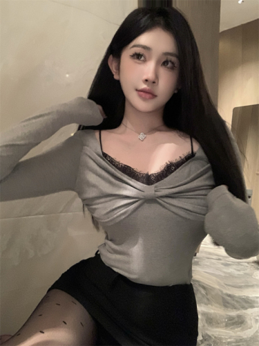 Real shot of sexy hot girl style stitched lace three-dimensional bow with bottoming shirt top