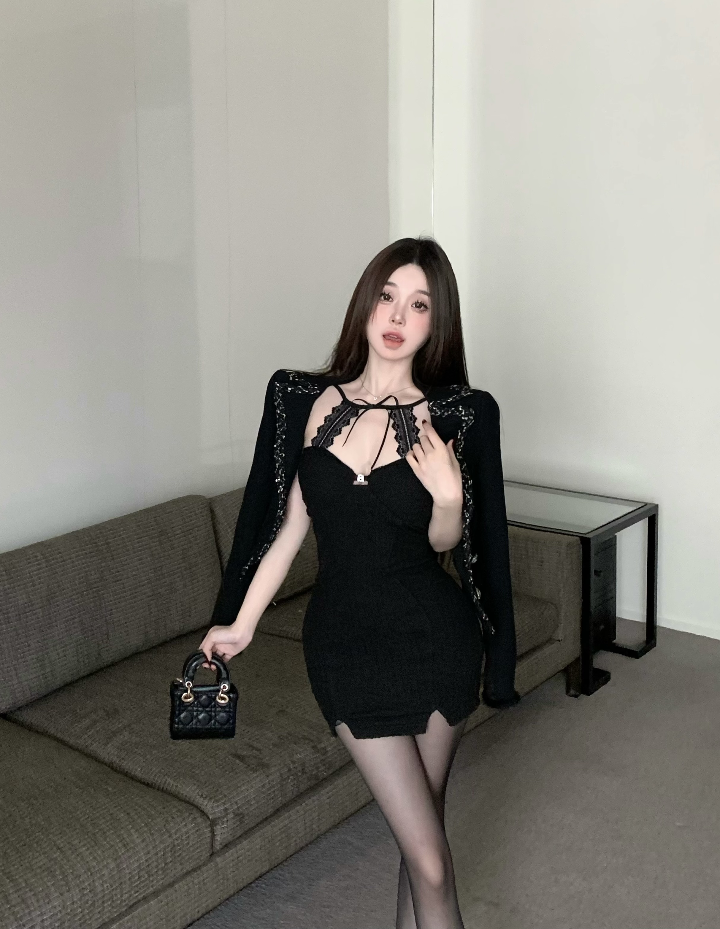 性感辣妹連衣裙蕾絲吊帶彈力包臀裙+小香短款外套輕奢上衣套裝