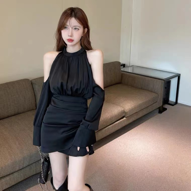 氣質名媛高級收腰春季新款短裙子顯瘦連衣裙女春秋季長袖小眾露肩