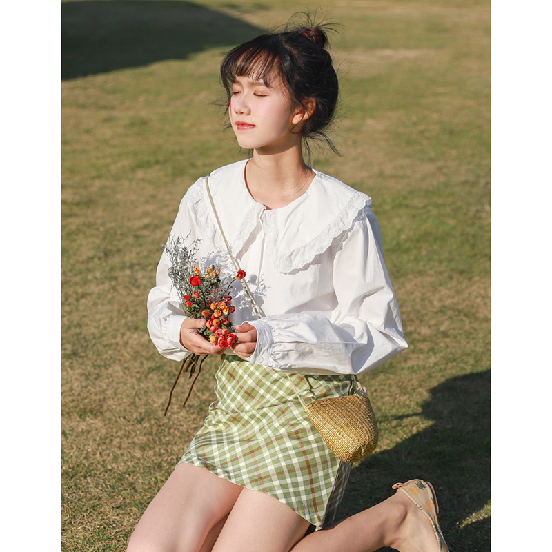Baby doll collar white long-sleeved shirt for women autumn design artistic inner shirt petite sweet layered top