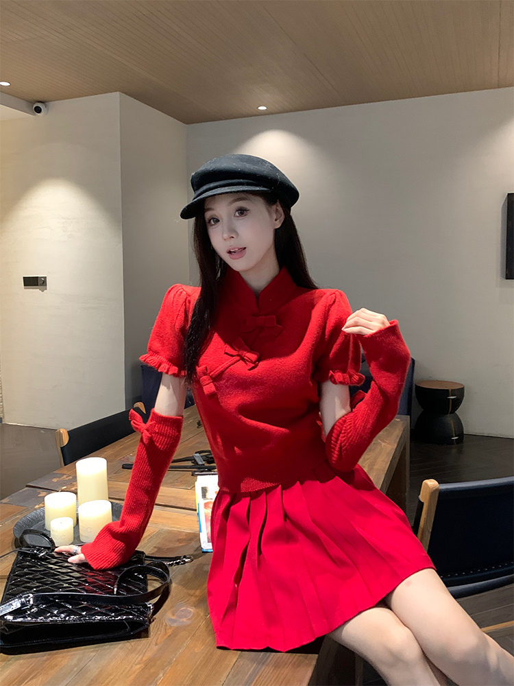 實拍 迎新年~早春新中式喜慶紅袖套毛衣+半身裙