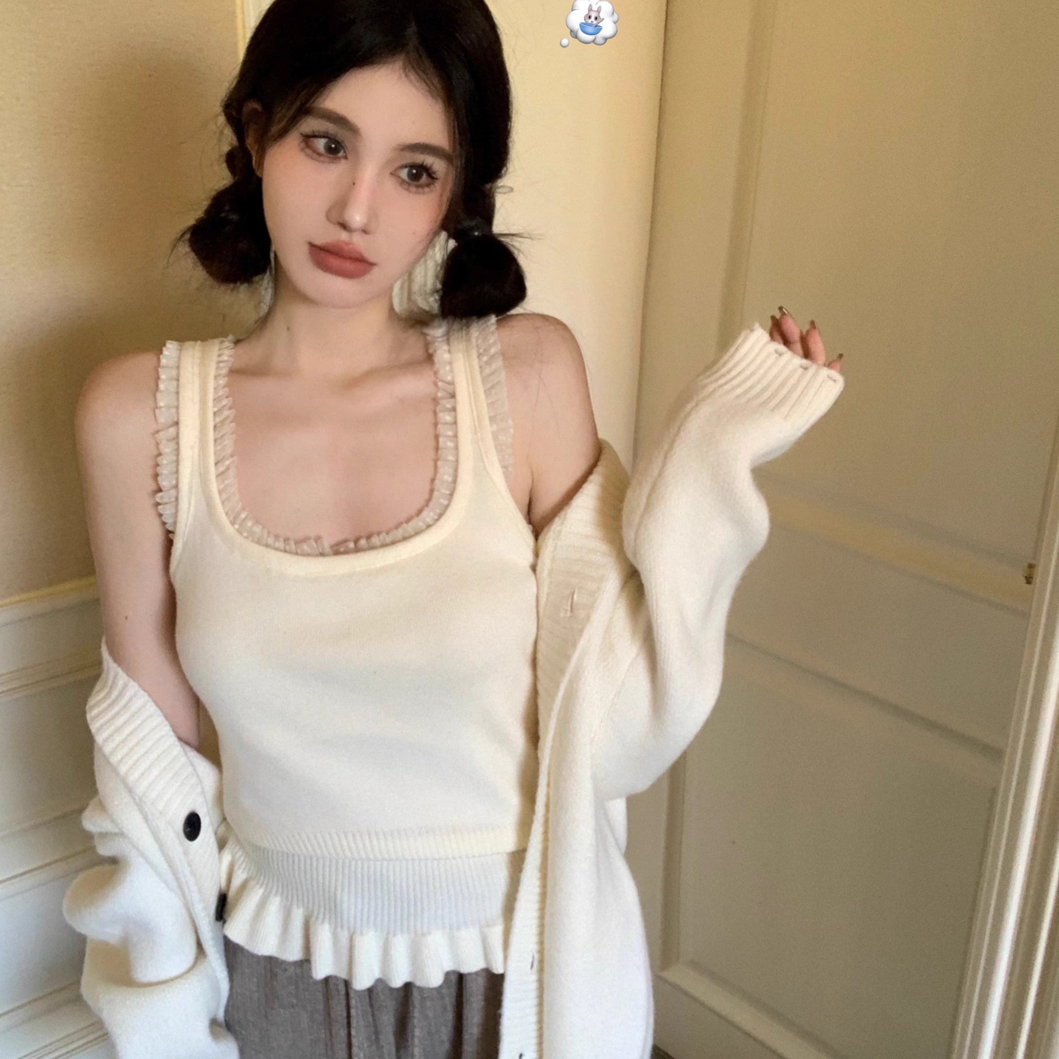 吊帶背心女款春秋季2024新款美背內搭打底上衣U領木耳邊針織上衣