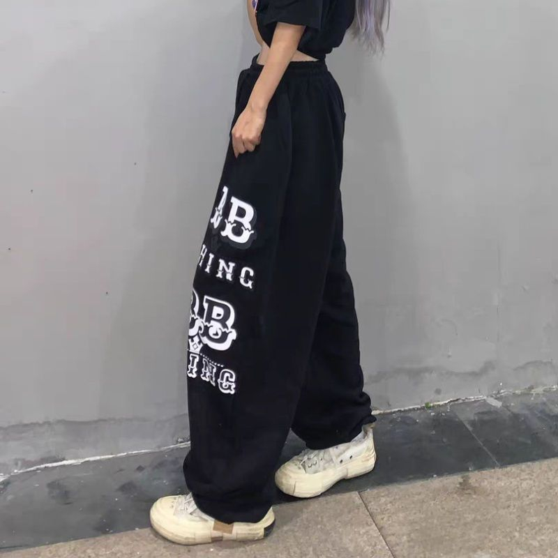 美式潮牌運動褲抽繩直筒褲寬鬆嘻哈爵士跳舞褲子女春夏潮