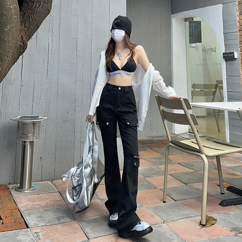 實拍~辣妹工裝潮春秋季新款韓版時尚復古彈力工裝喇叭長褲ins