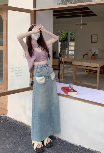 Actual shot#New high-waisted denim skirt with large pockets and raw edge skirt