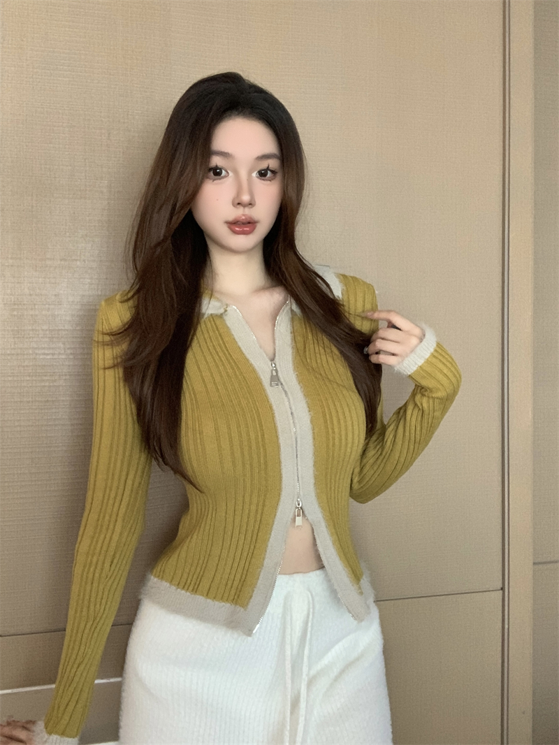 實拍 新款氣質拼色拼接毛毛針織開衫雙頭拉鏈上衣女