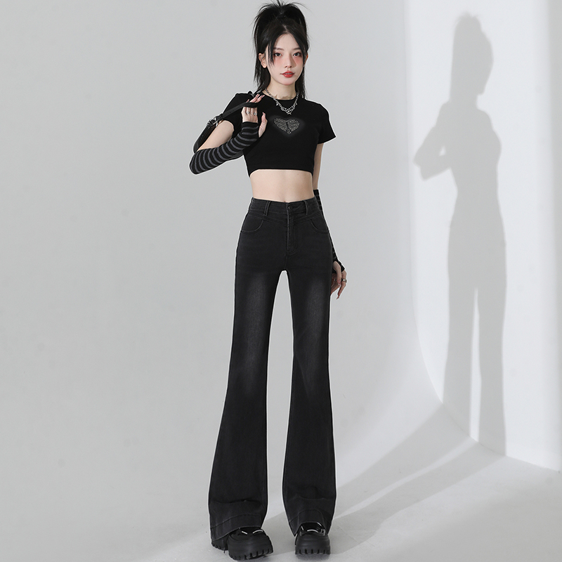 實拍 微喇叭牛仔褲女2024年春季高腰彈力顯瘦小個子辣妹喇叭褲子
