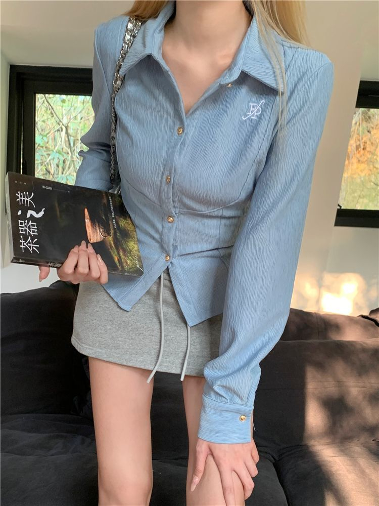 藍色翻領長袖襯衫女秋季2024新款韓版收腰修身顯瘦襯衣小個子上衣