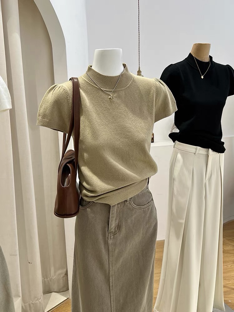 Gentle style knitted top for women autumn short sleeve puff sleeve French slim fit slim temperament half turtleneck right shoulder bottoming shirt