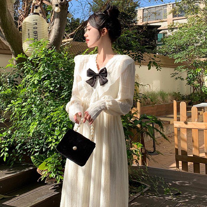 原版蕾絲布+里布法式淑女風木耳邊蝴蝶結蕾絲連衣裙小眾網紅裙