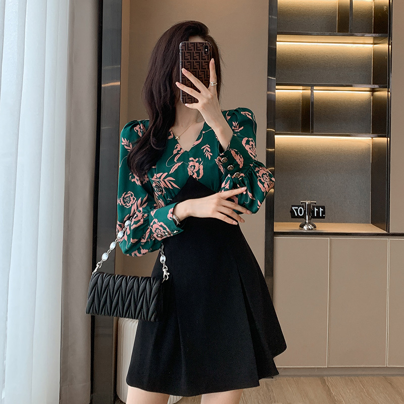 2024 Spring New Style Little French Socialite Retro Print Slim Fake Two Piece Short A-Line Dress for Women