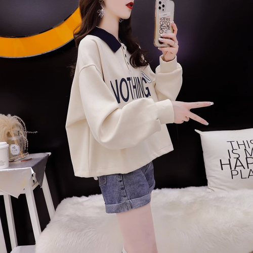 The first release of imitation cotton Chinese cotton composite ball-free spring and autumn thin Polo collar loose versatile zipper sweatshirt women's trendy tops