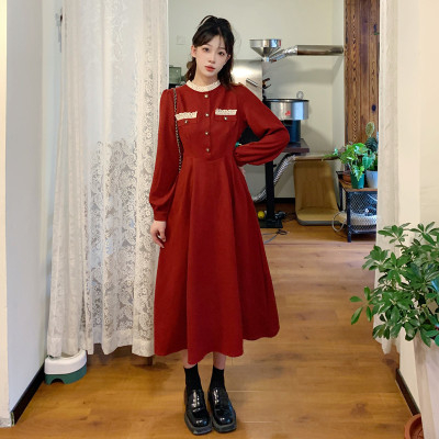 秋冬微胖妹妹MM法式氣質名媛別致赫本風收腰顯瘦紅色小香風連衣裙