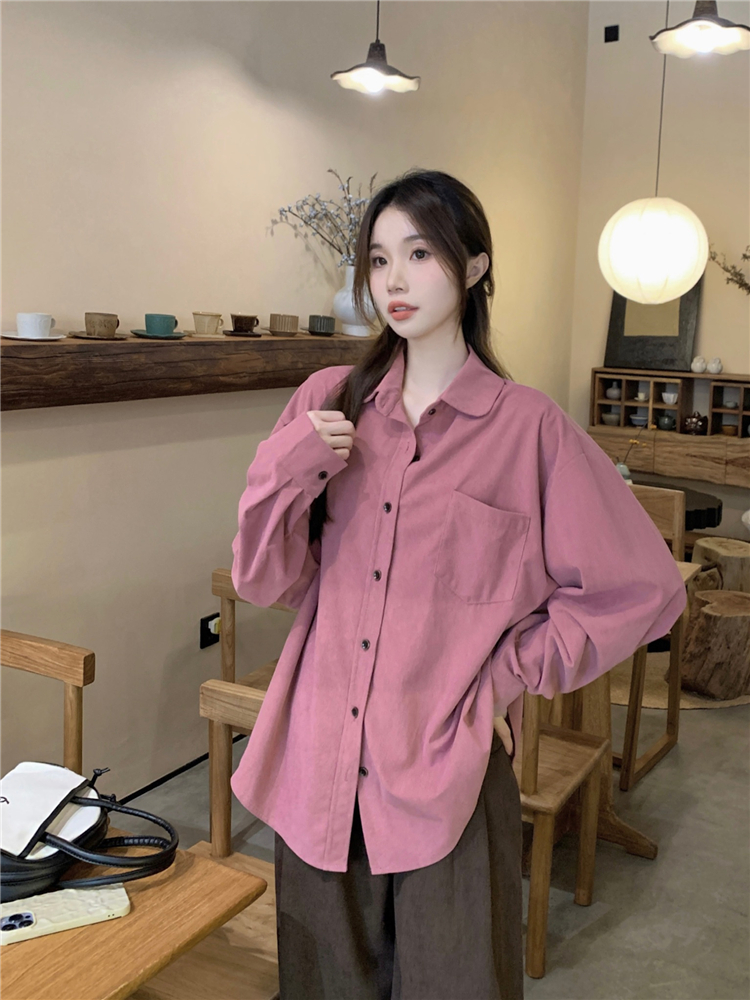 Real shot!  Early spring Korean chic retro corduroy shirt tops for women, versatile solid color loose shirts, trendy